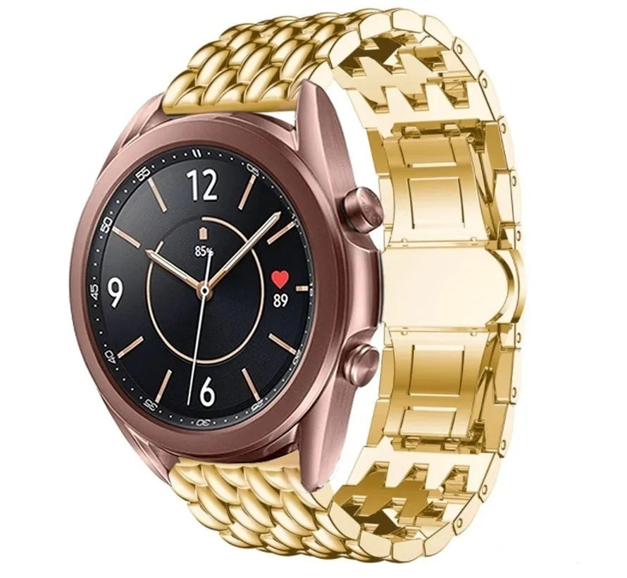 Steel Dragon Strap, gold, on a watch, 3/4 front view