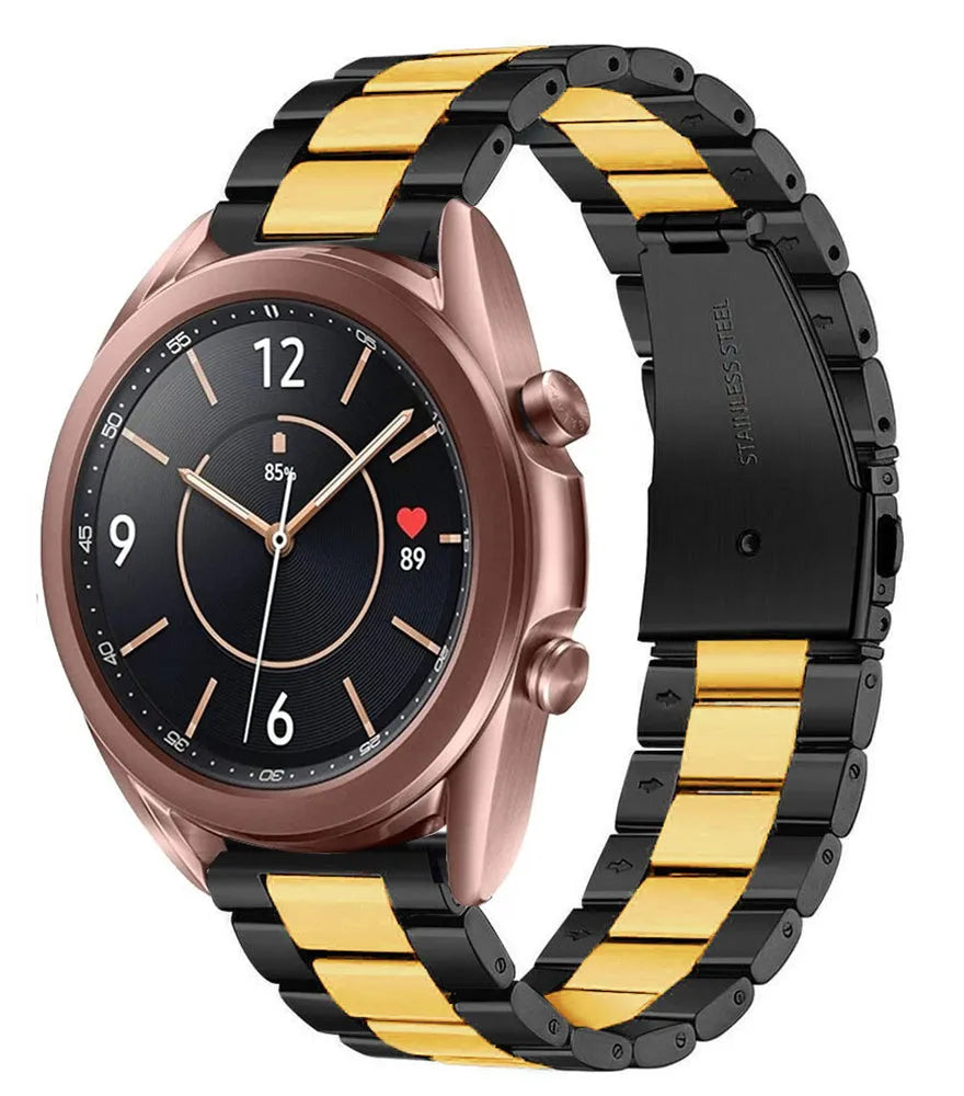 Steel Strap, black/gold, on a watch, 3/4 front view