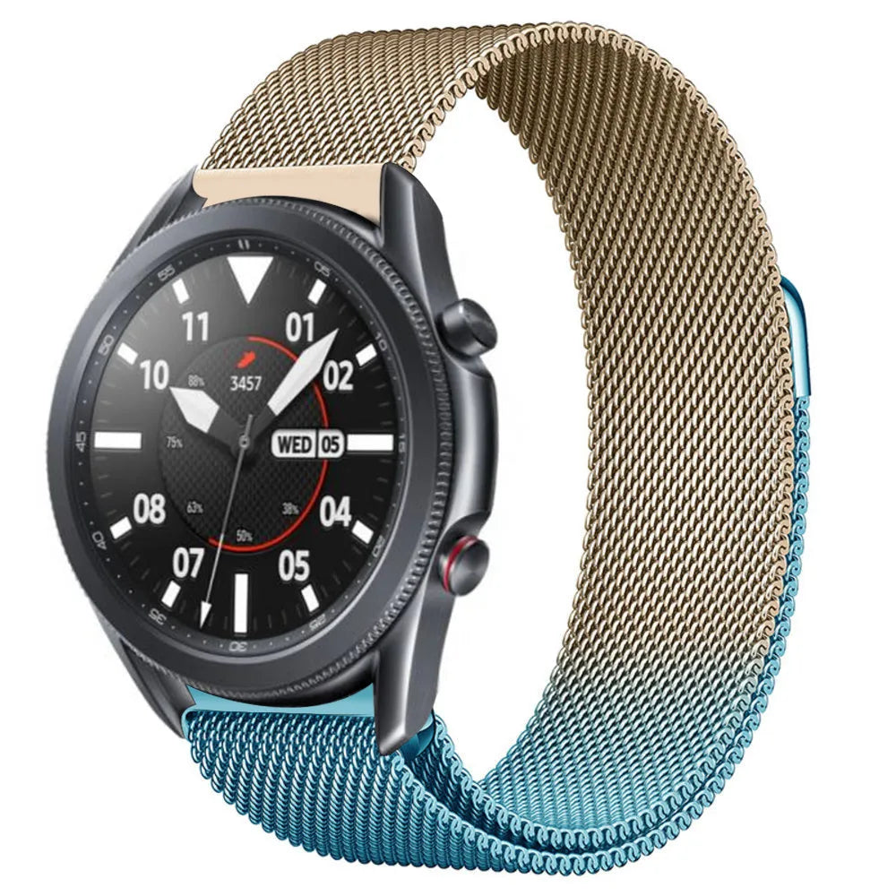 Milanese Strap, blue/gold, on a watch, 3/4 front view
