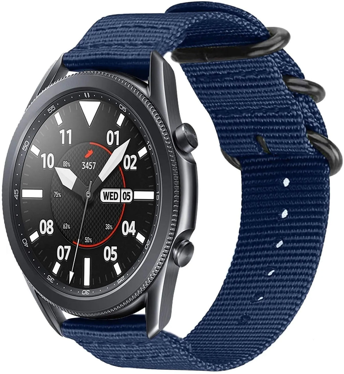Nylon Buckle Strap, blue, on a watch, 3/4 front view