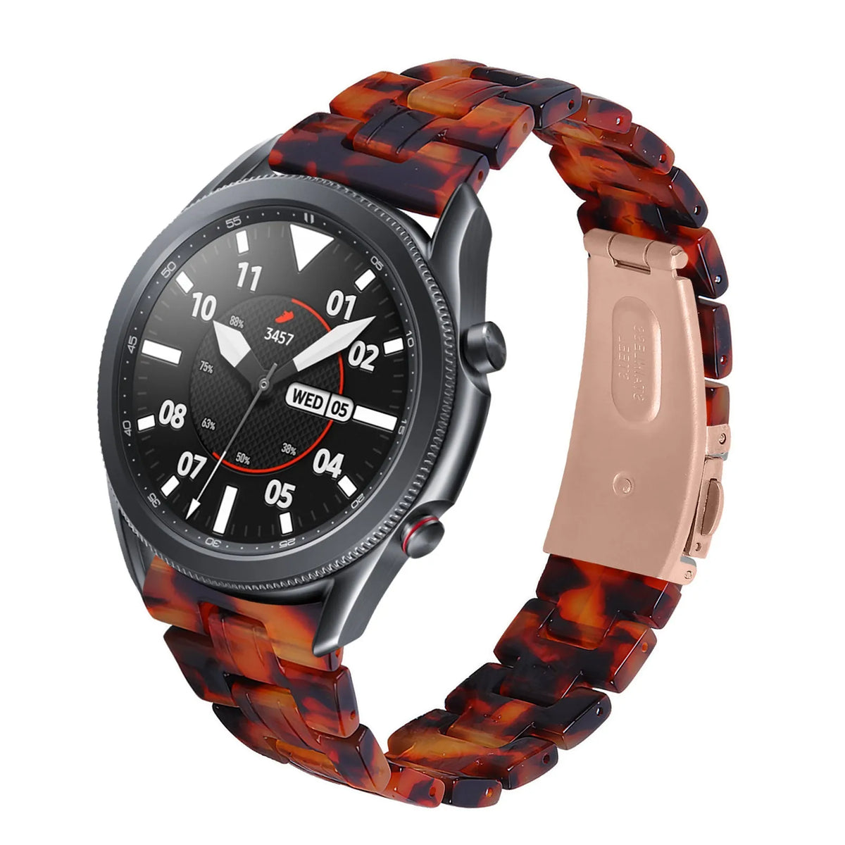Metal Resin Strap, lava, on a watch, 3/4 front view