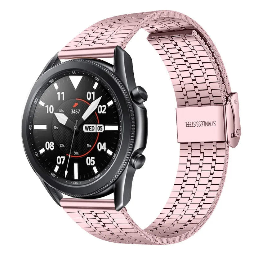 Fine Steel Strap, pink, on a watch, 3/4 front view