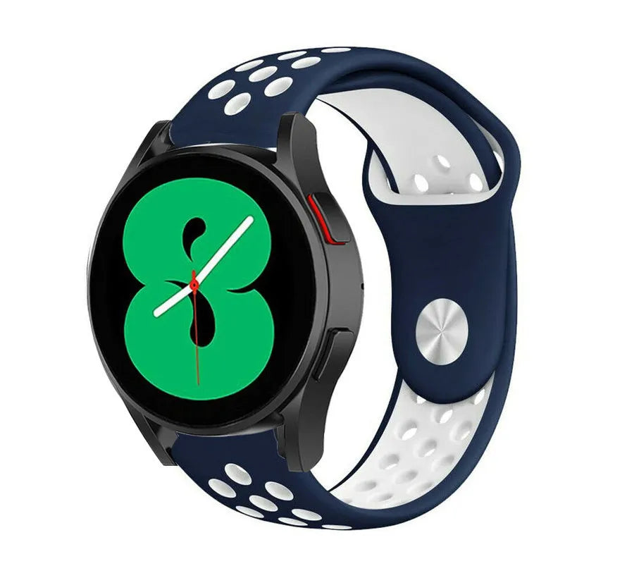 Silicone Sport Strap, blue/white, on a watch, 3/4 front view
