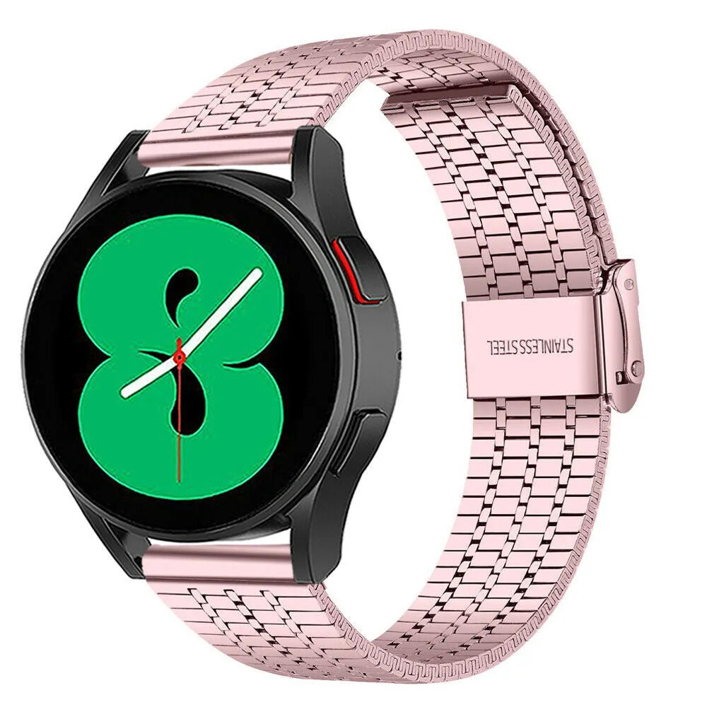 Fine Steel Strap, pink, on a watch, 3/4 front view