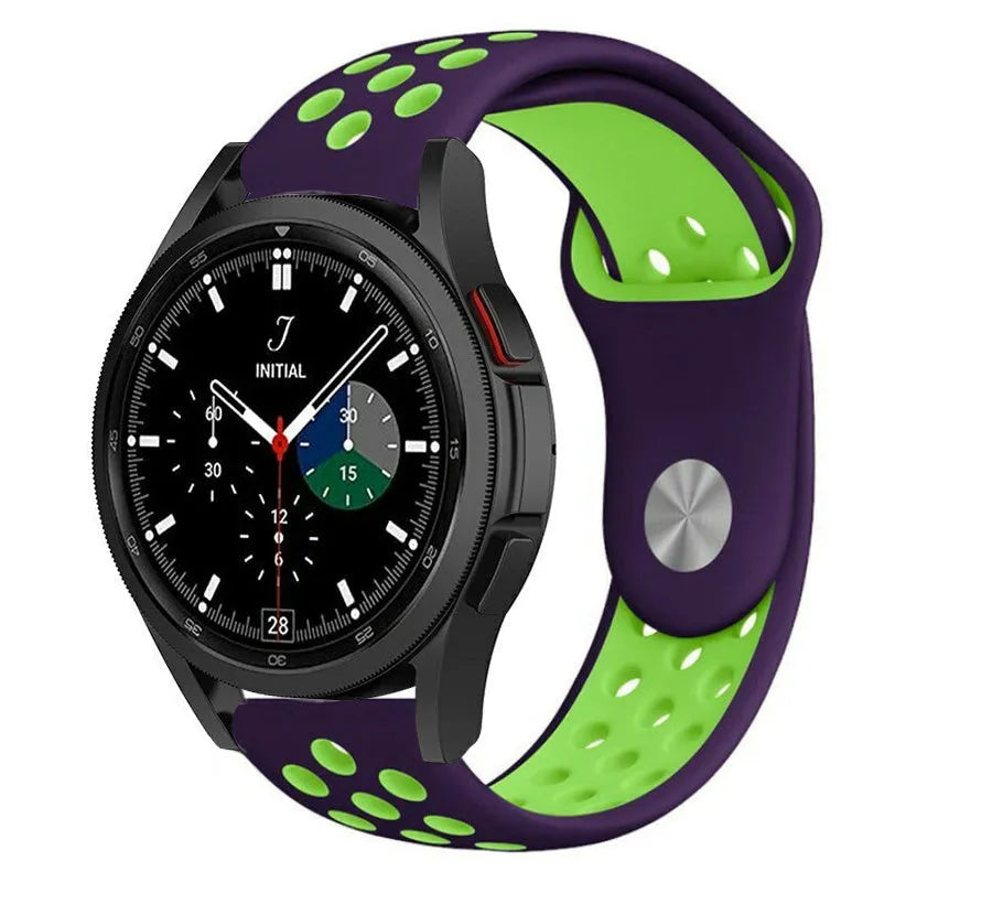 Silicone Sport Strap, purple/green, on a watch, 3/4 front view