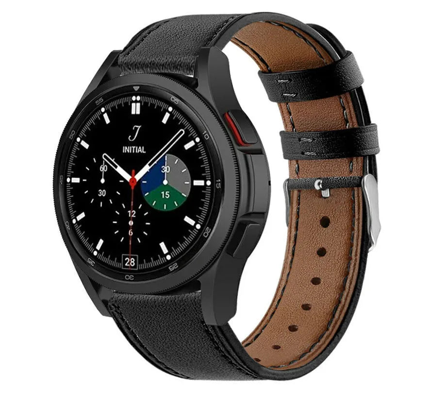 Modern Leather Strap, black, on a watch, 3/4 front view