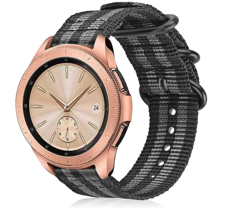 Nylon Buckle Strap, black/grey, on a watch, 3/4 front view
