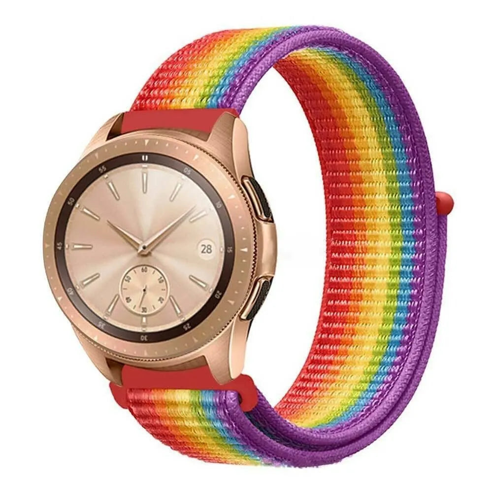 Nylon Strap, rainbow, on a watch, 3/4 front view