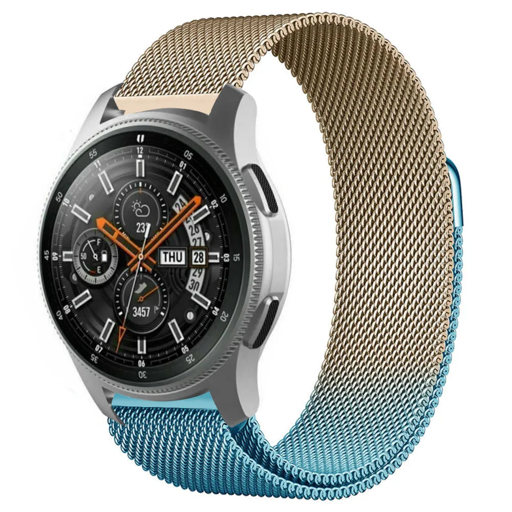 Milanese Strap, blue/gold, on a watch, 3/4 front view