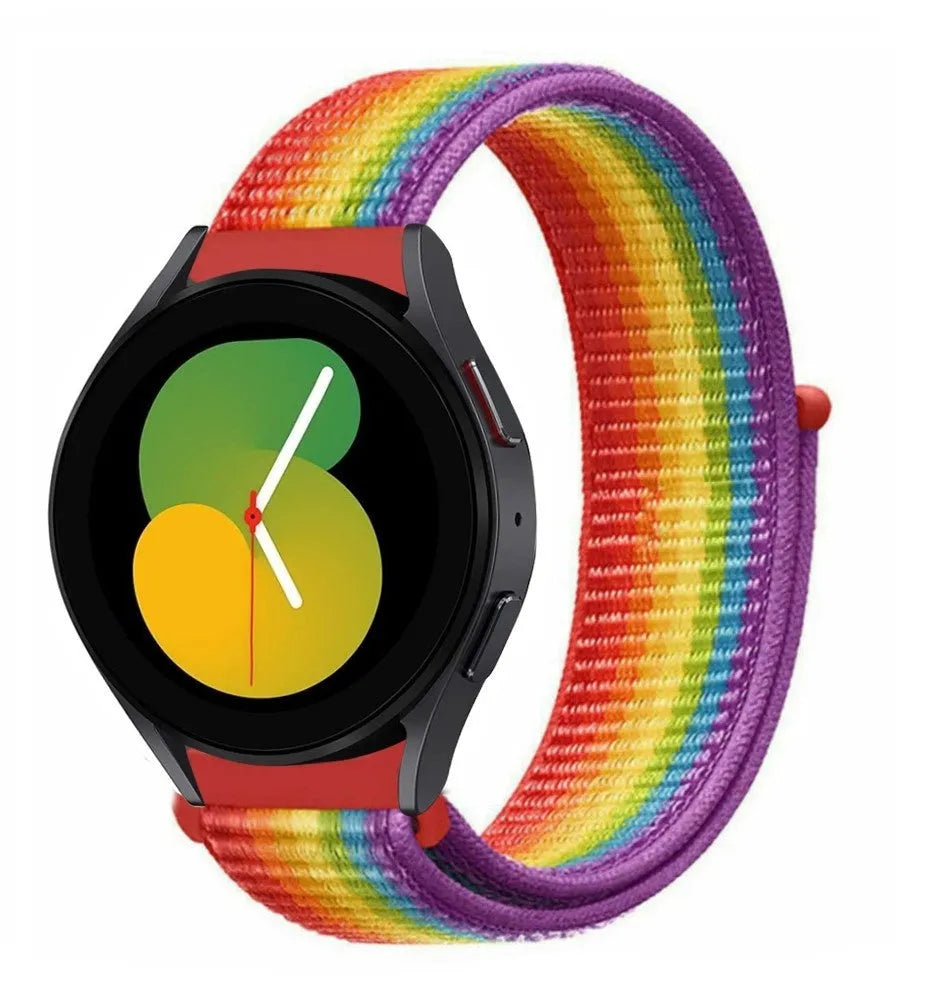 Nylon Strap, rainbow, on a watch, 3/4 front view