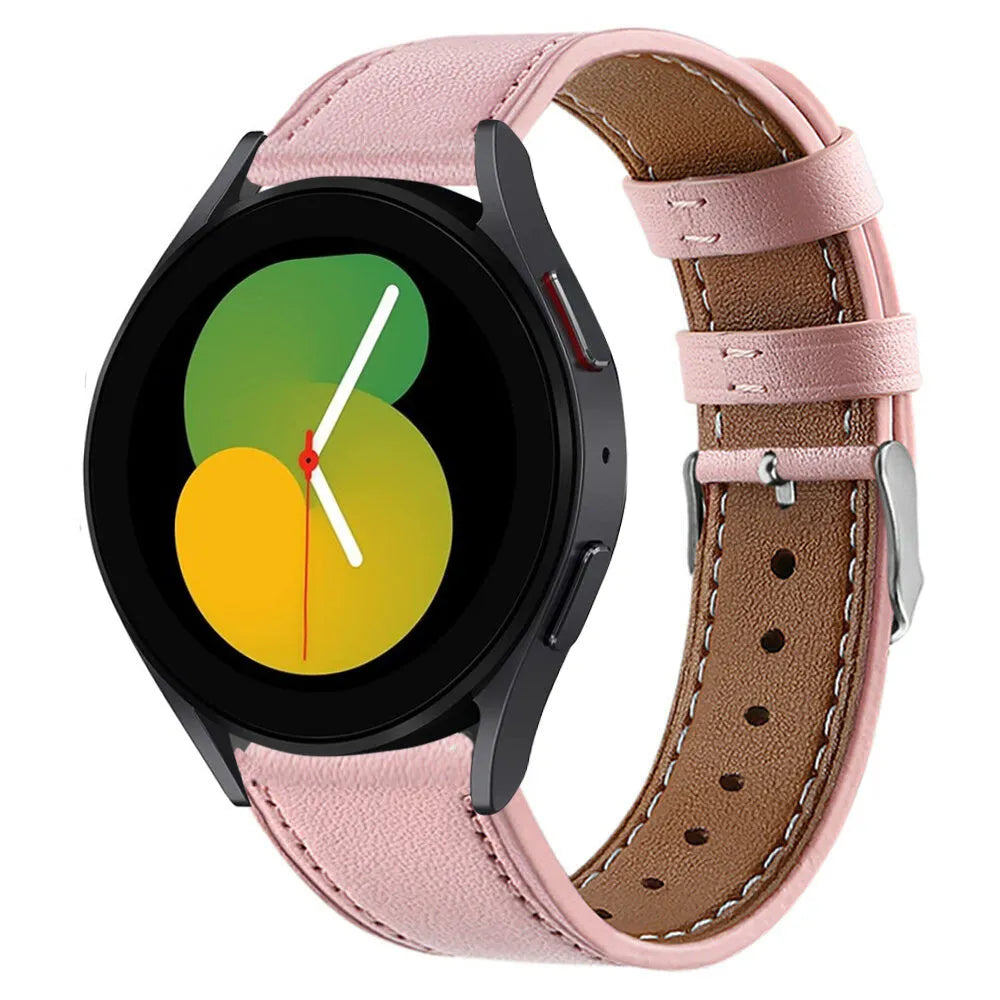 Modern Leather Strap, pink, on a watch, 3/4 front view