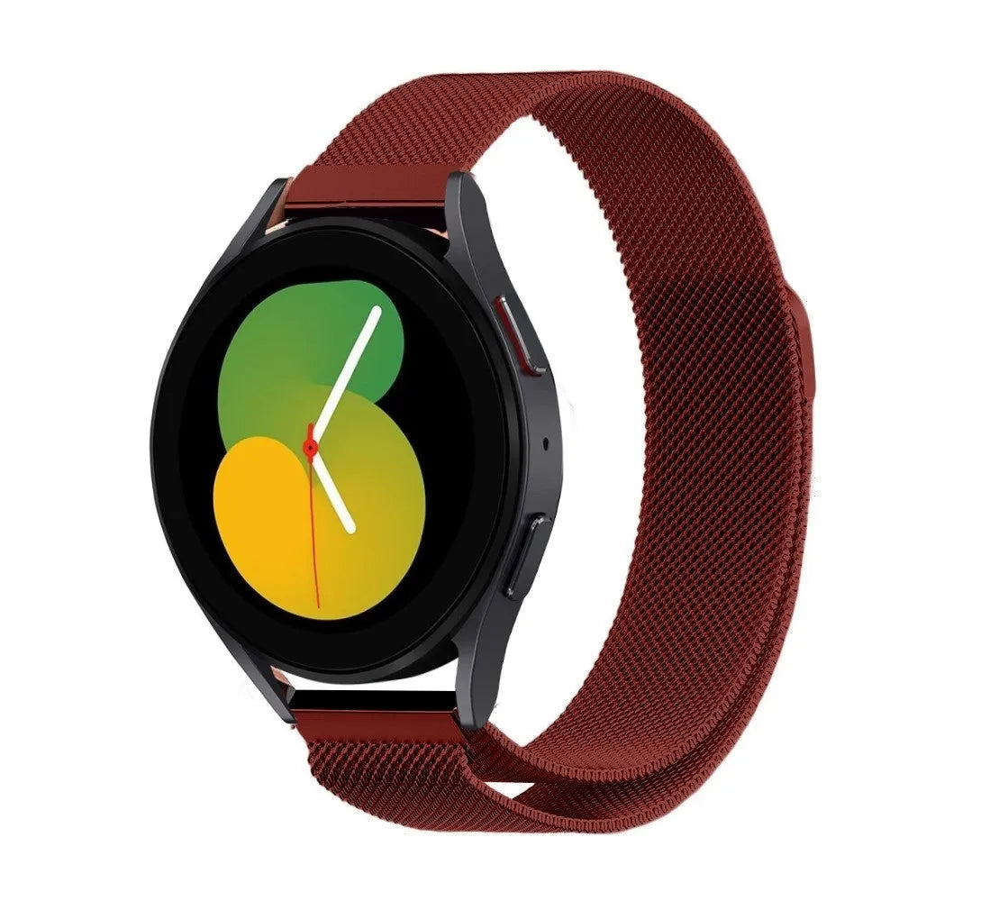 Milanese Strap, red, on a watch, 3/4 front view