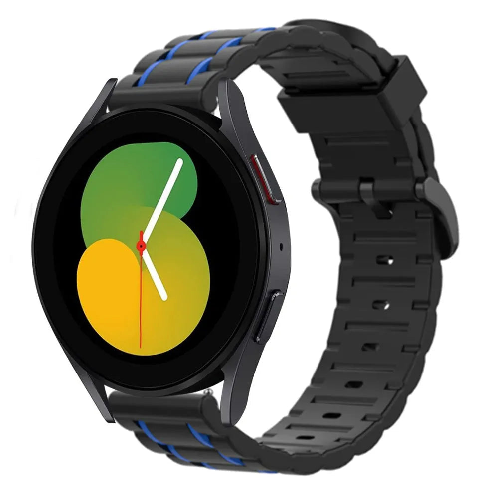 Silicone Strap 'Tough', black/blue, on a watch, 3/4 front view
