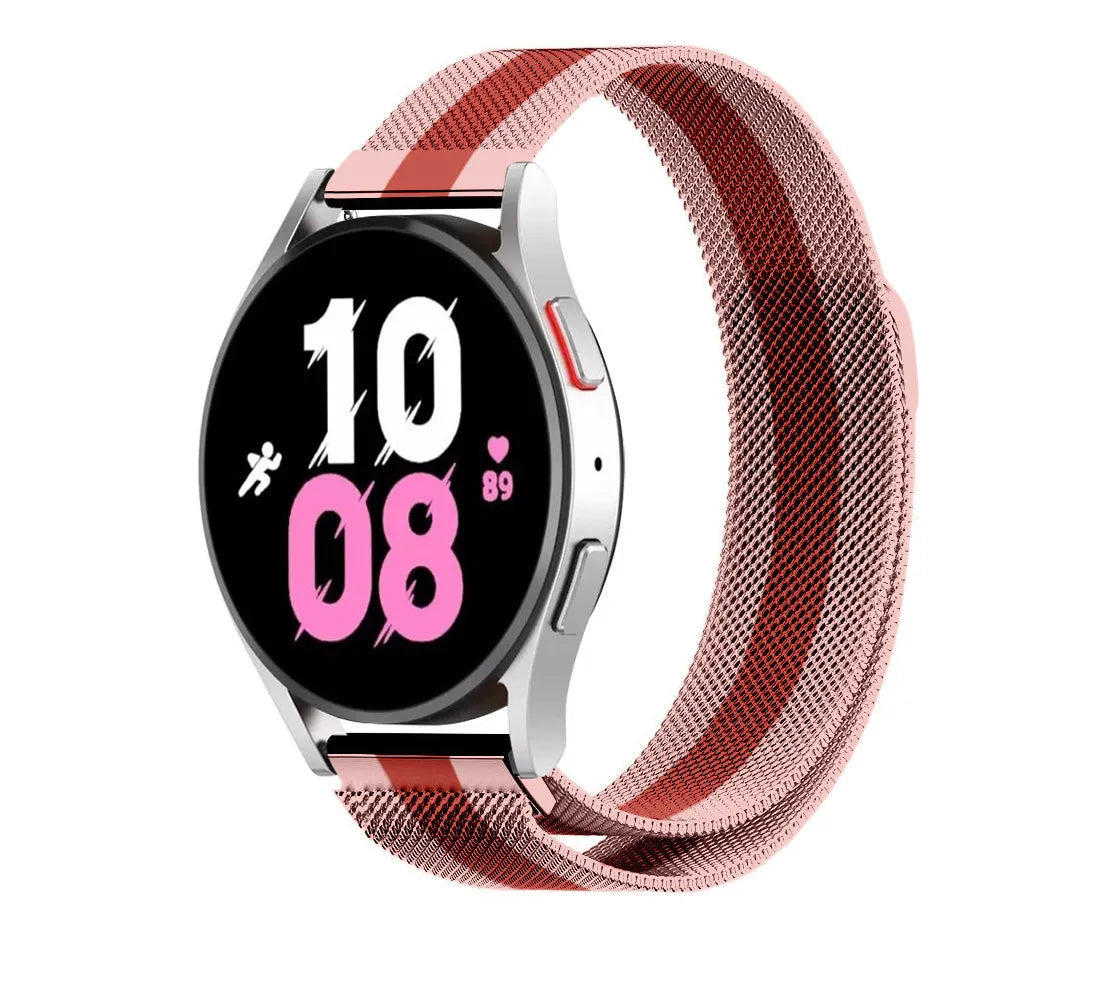Milanese Strap, red/pink, on a watch, 3/4 front view
