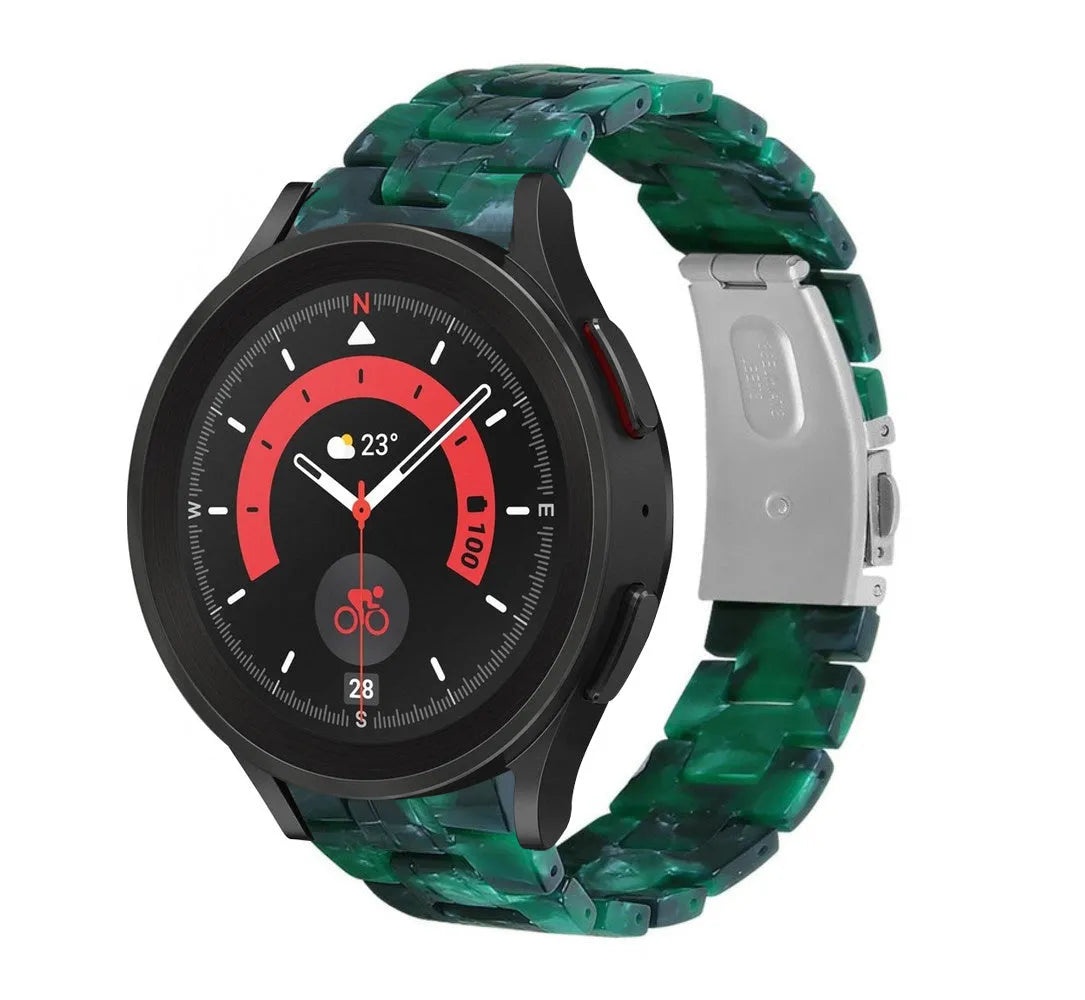 Metal Resin Strap, green, on a watch, 3/4 front view