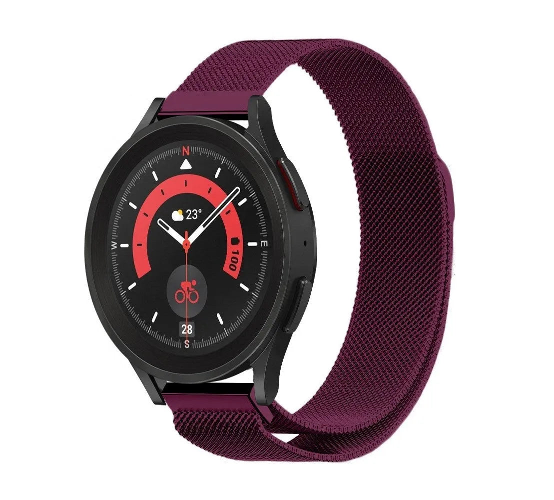 Milanese Strap, purple, on a watch, 3/4 front view