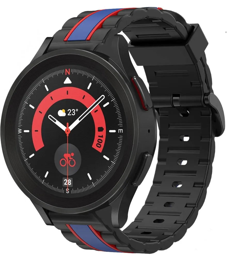 Silicone Special Edition Strap, black/blue, on a watch, 3/4 front view