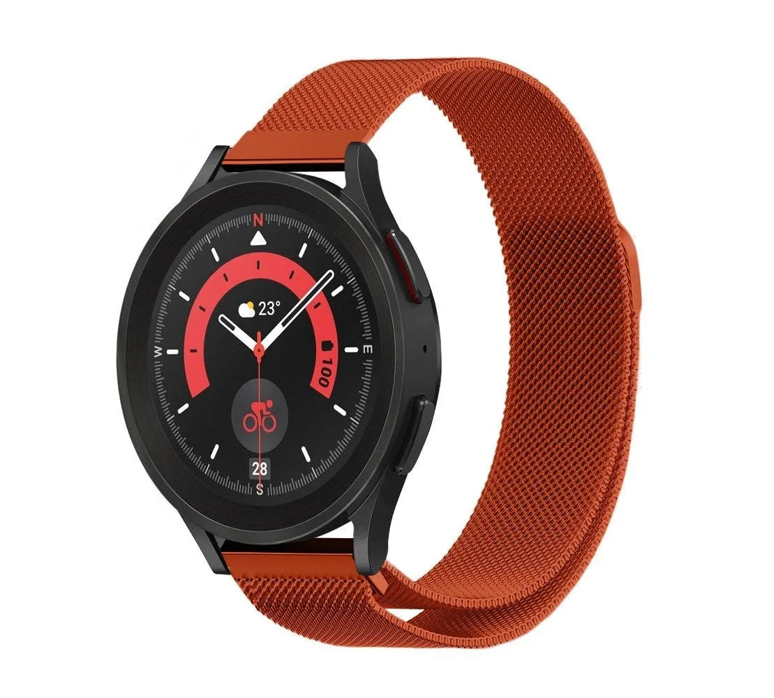 Milanese Strap, orange, on a watch, 3/4 front view