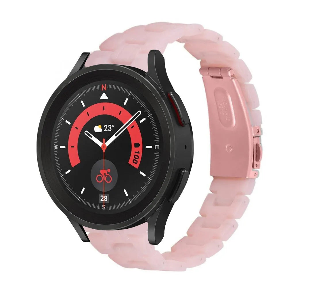 Metal Resin Strap, pink, on a watch, 3/4 front view