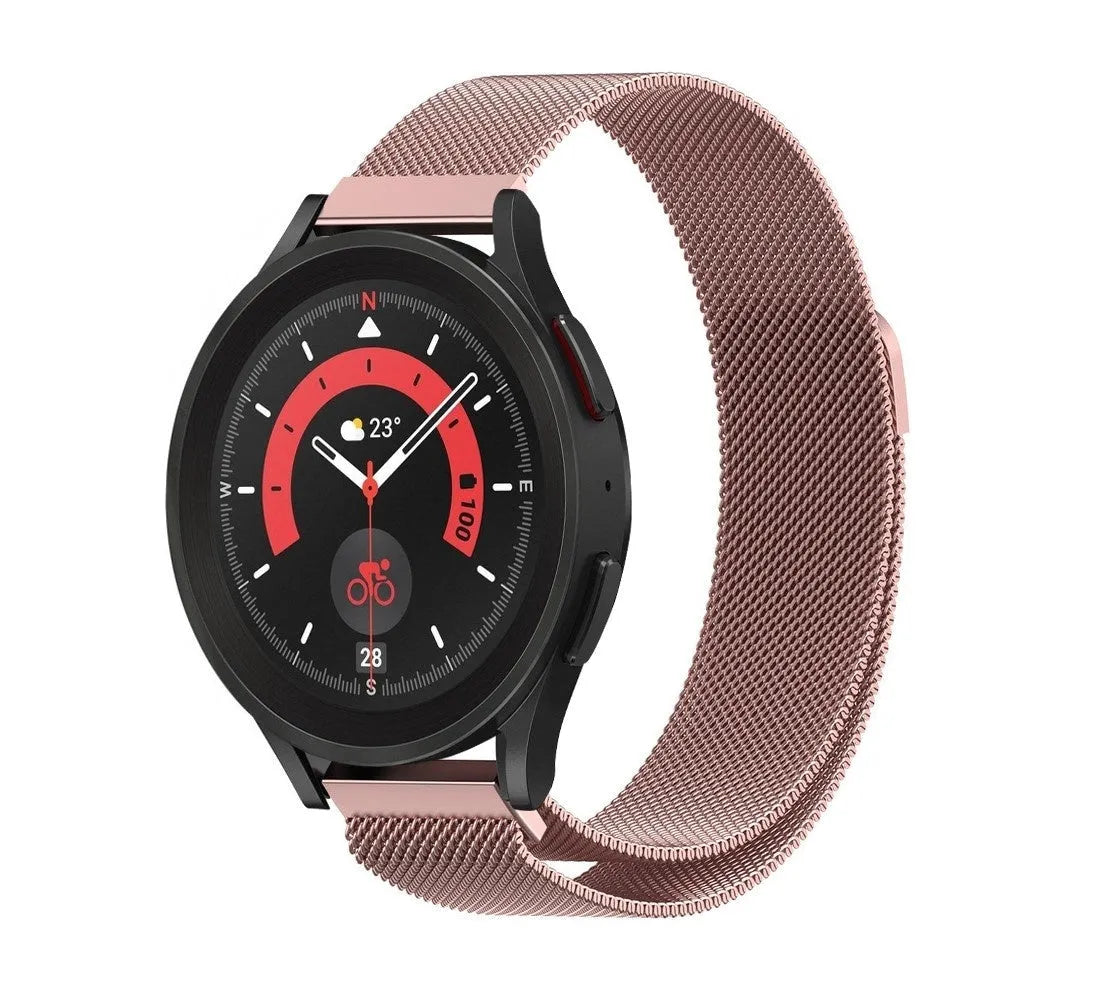 Milanese Strap, pink, on a watch, 3/4 front view