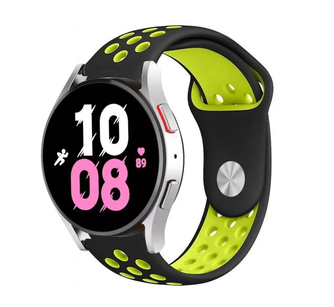 Silicone Sport Strap, black/yellow, on a watch, 3/4 front view