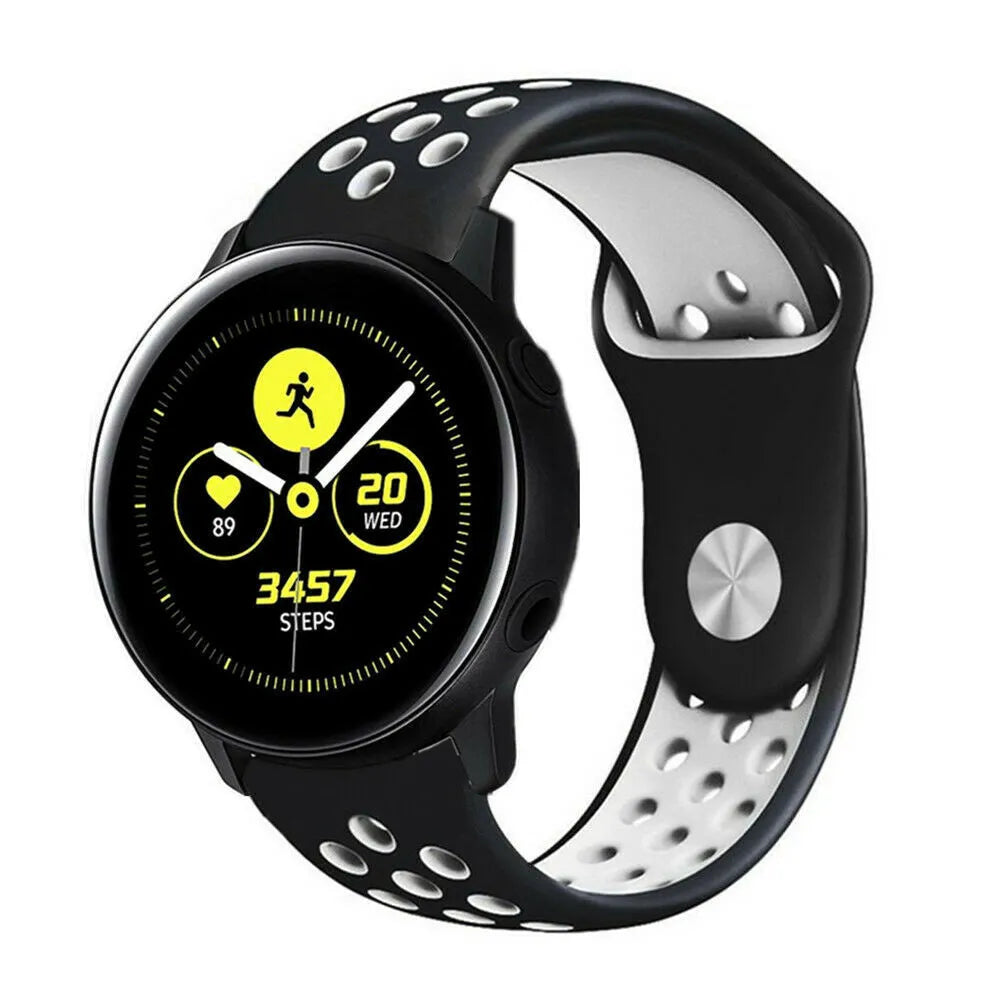 Silicone Sport Strap, black/white, on a watch, 3/4 front view