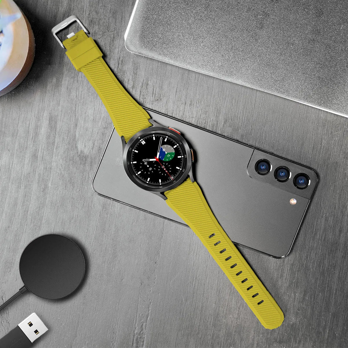 Twill Silicone Strap, yellow, on a watch, 3/4 front view