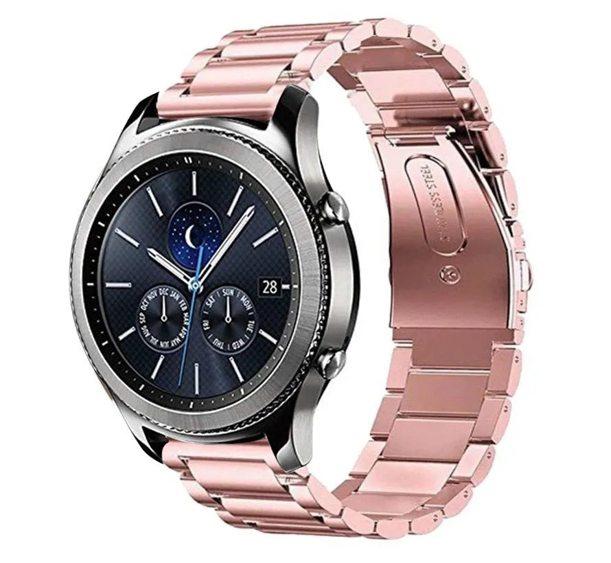 Steel Strap, pink, on a watch, 3/4 front view