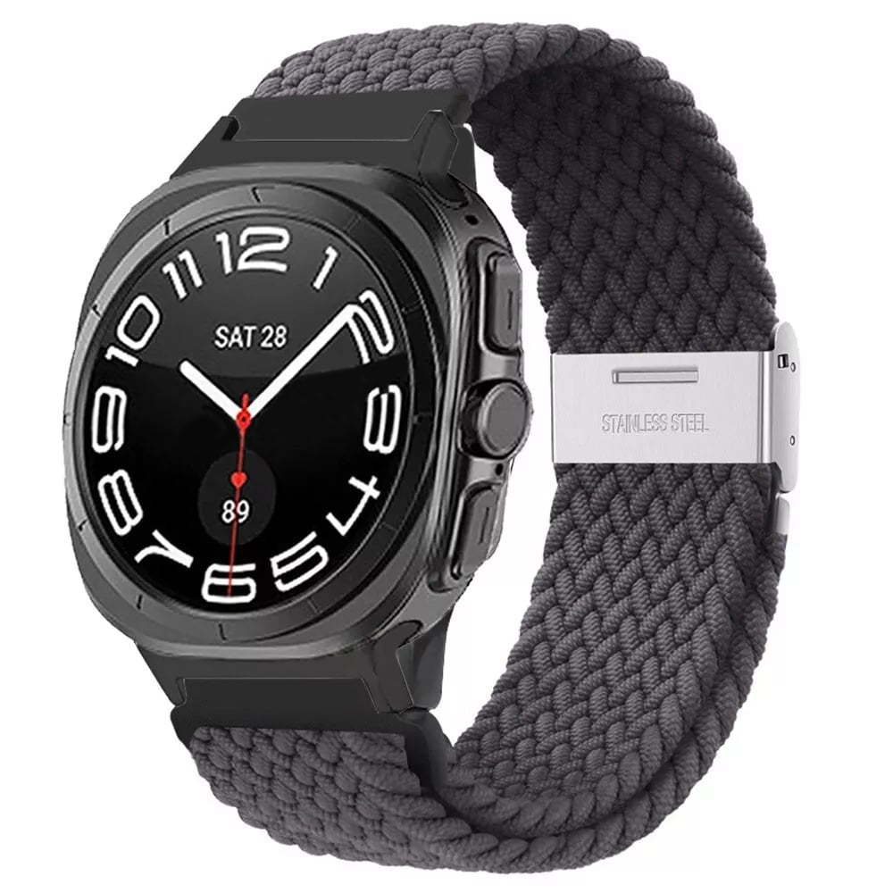 Braided Nylon Strap, dark grey, on a watch, 3/4 front view