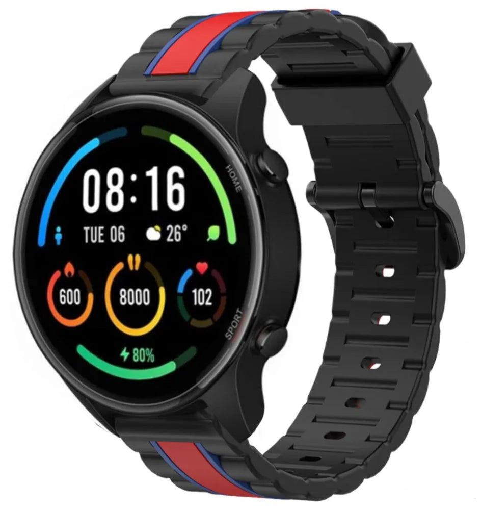 Silicone Special Edition Strap, black/red, on a watch, 3/4 front view