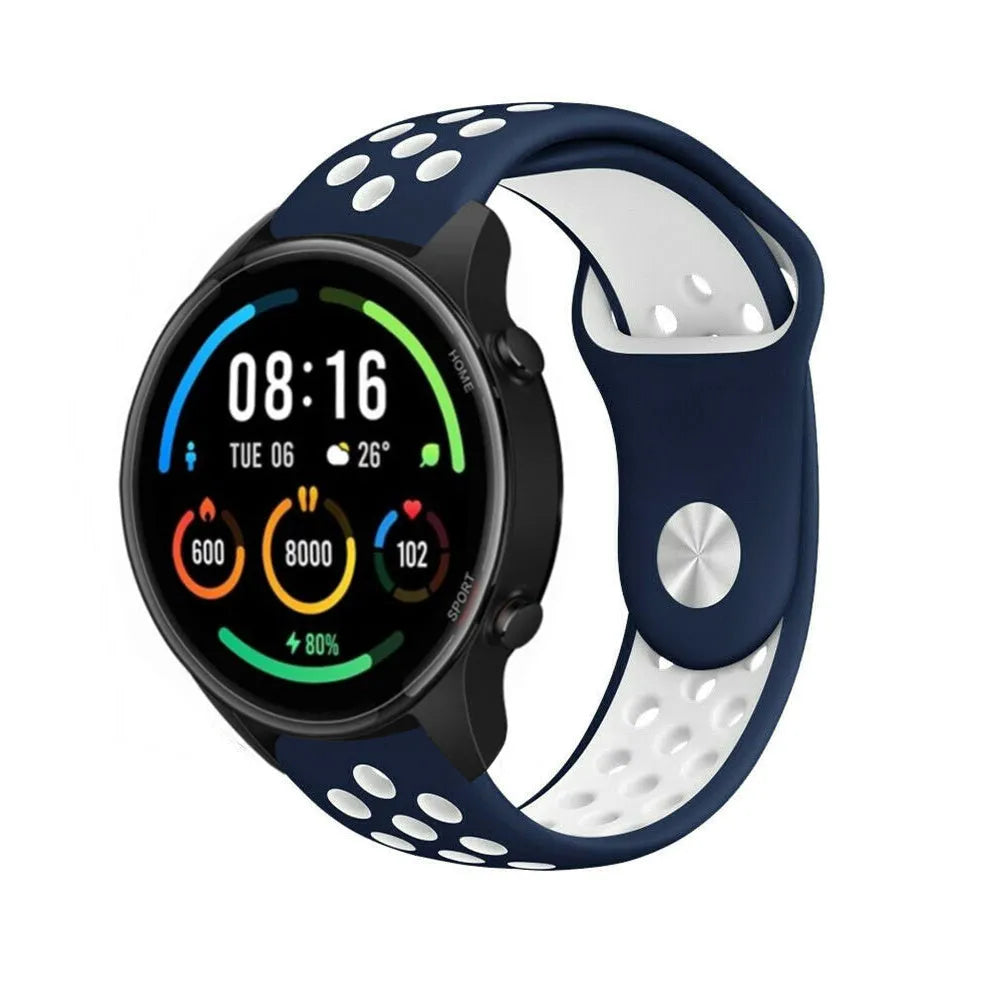 Silicone Sport Strap, blue/white, on a watch, 3/4 front view