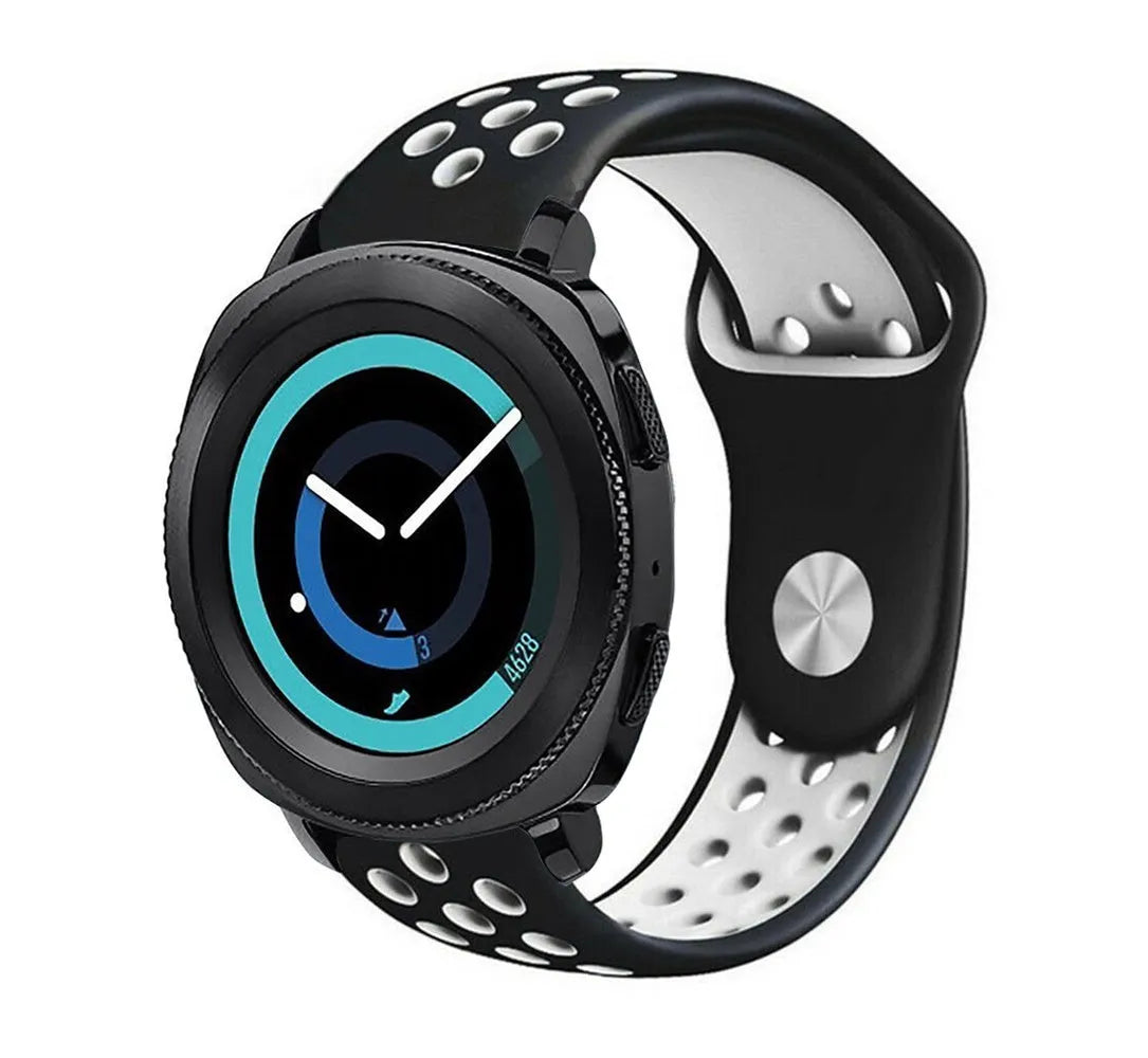 Silicone Sport Strap, black/white, on a watch, 3/4 front view