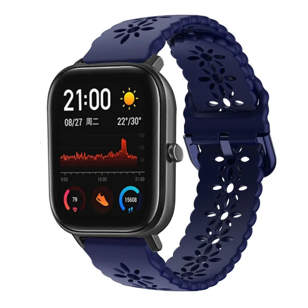 Patterned Silicone Strap, dark blue, on a watch, 3/4 front view