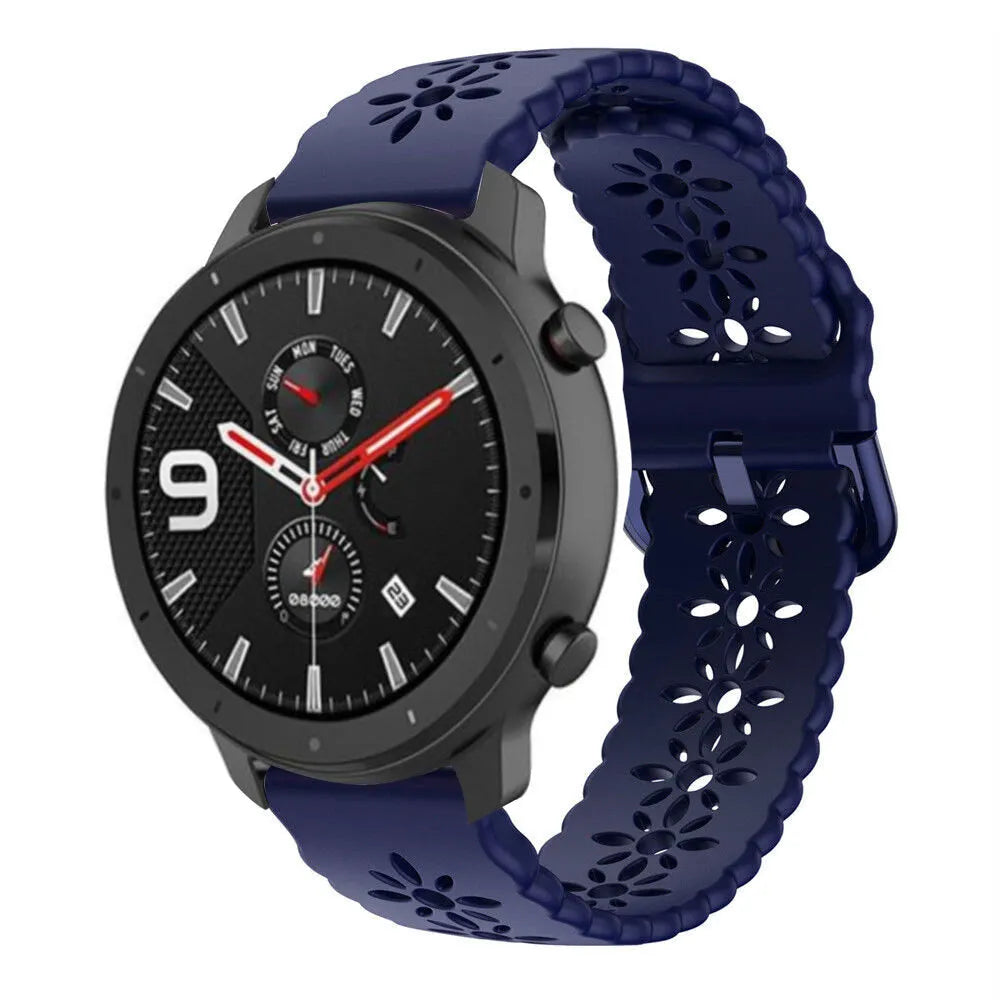 Patterned Silicone Strap, dark blue, on a watch, 3/4 front view