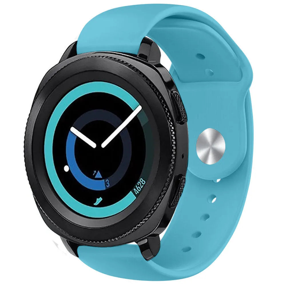 Silicone Sport Strap, light blue, on a watch, 3/4 front view