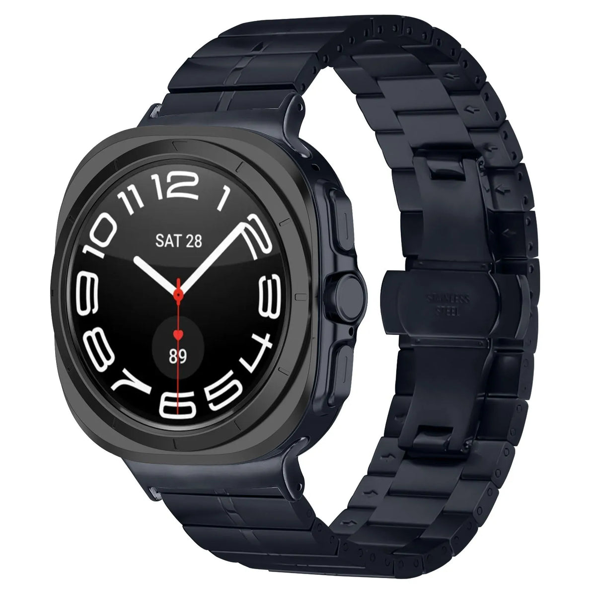 Premium Metal Strap, titanium grey, on a watch, 3/4 front view