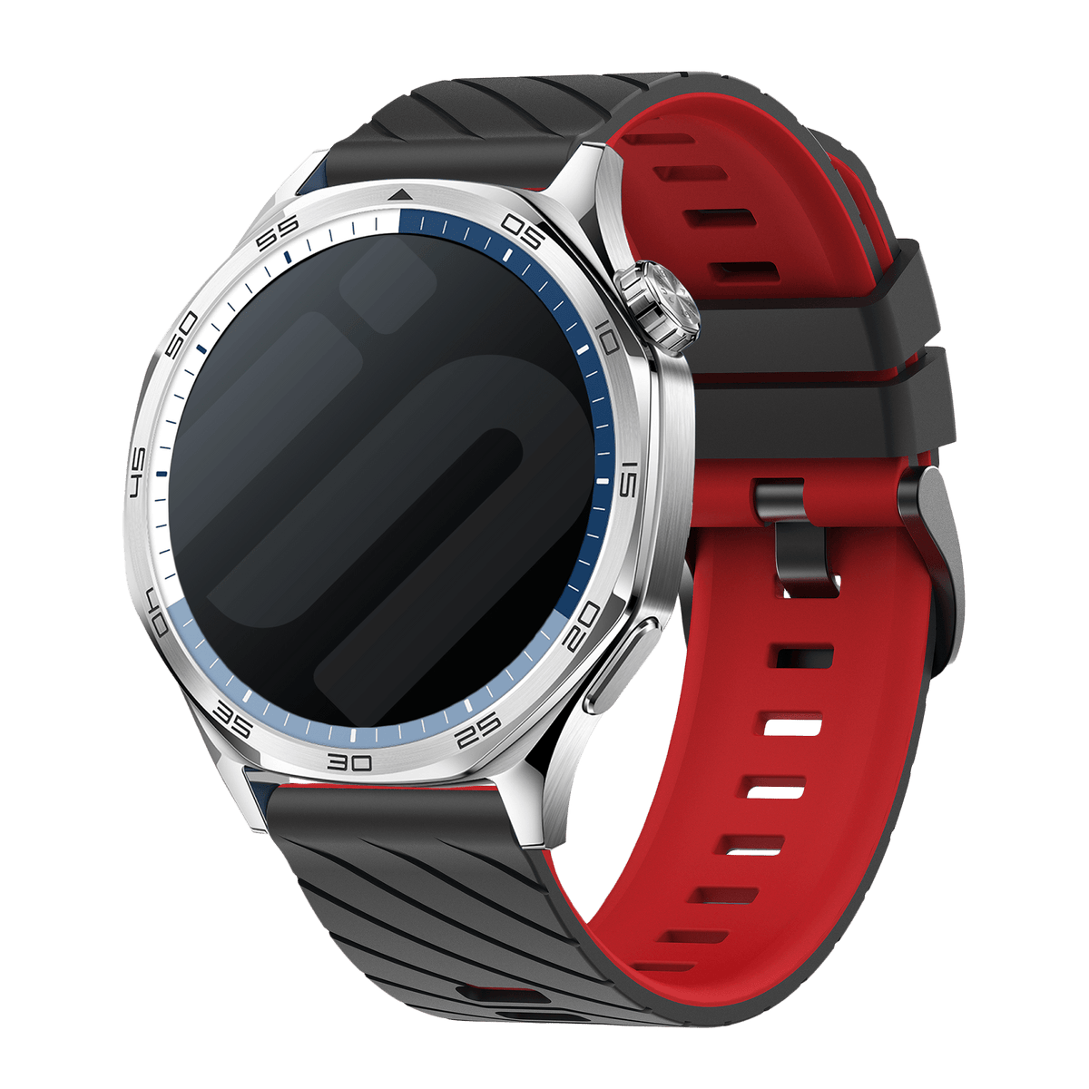 Silicone Twill Sport Strap, black/red, on a watch, 3/4 front view