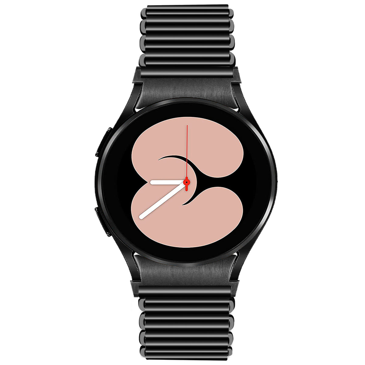 Steel Loop Strap, black, on a watch, 3/4 front view