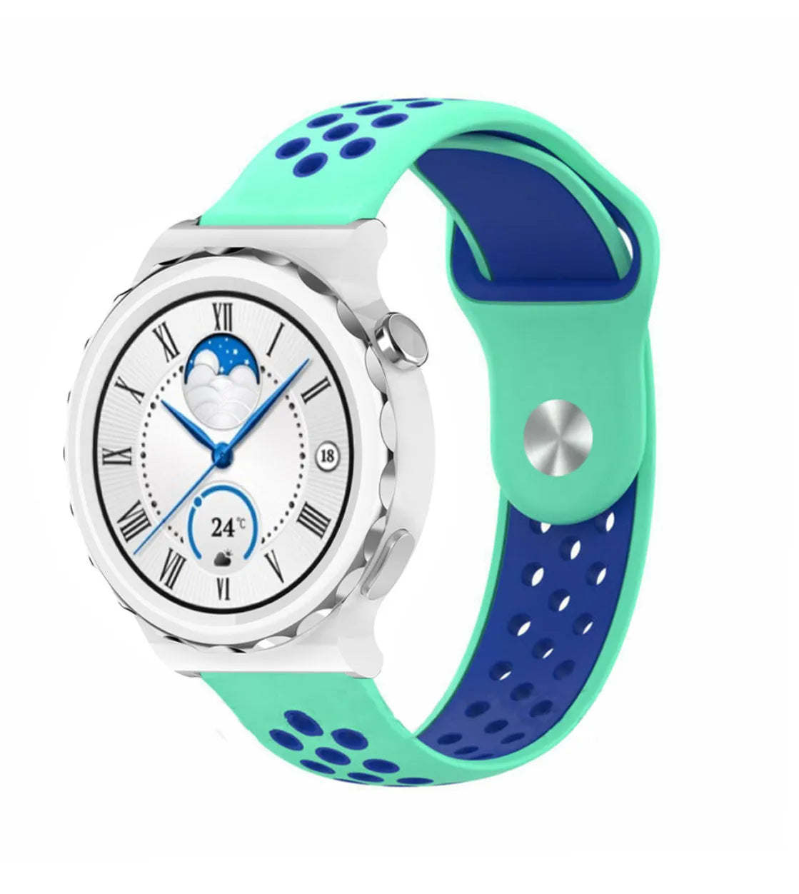 Silicone Sport Strap, aqua/blue, on a watch, 3/4 front view