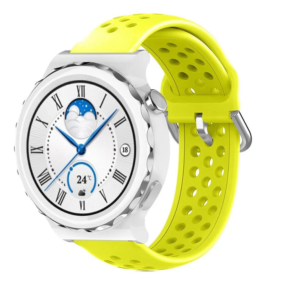 Breathable Silicone Strap, yellow, on a watch, 3/4 front view