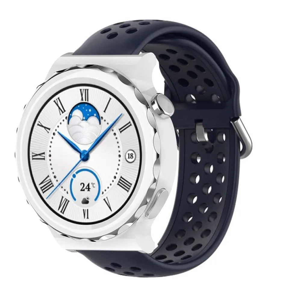 Breathable Silicone Strap, dark blue, on a watch, 3/4 front view