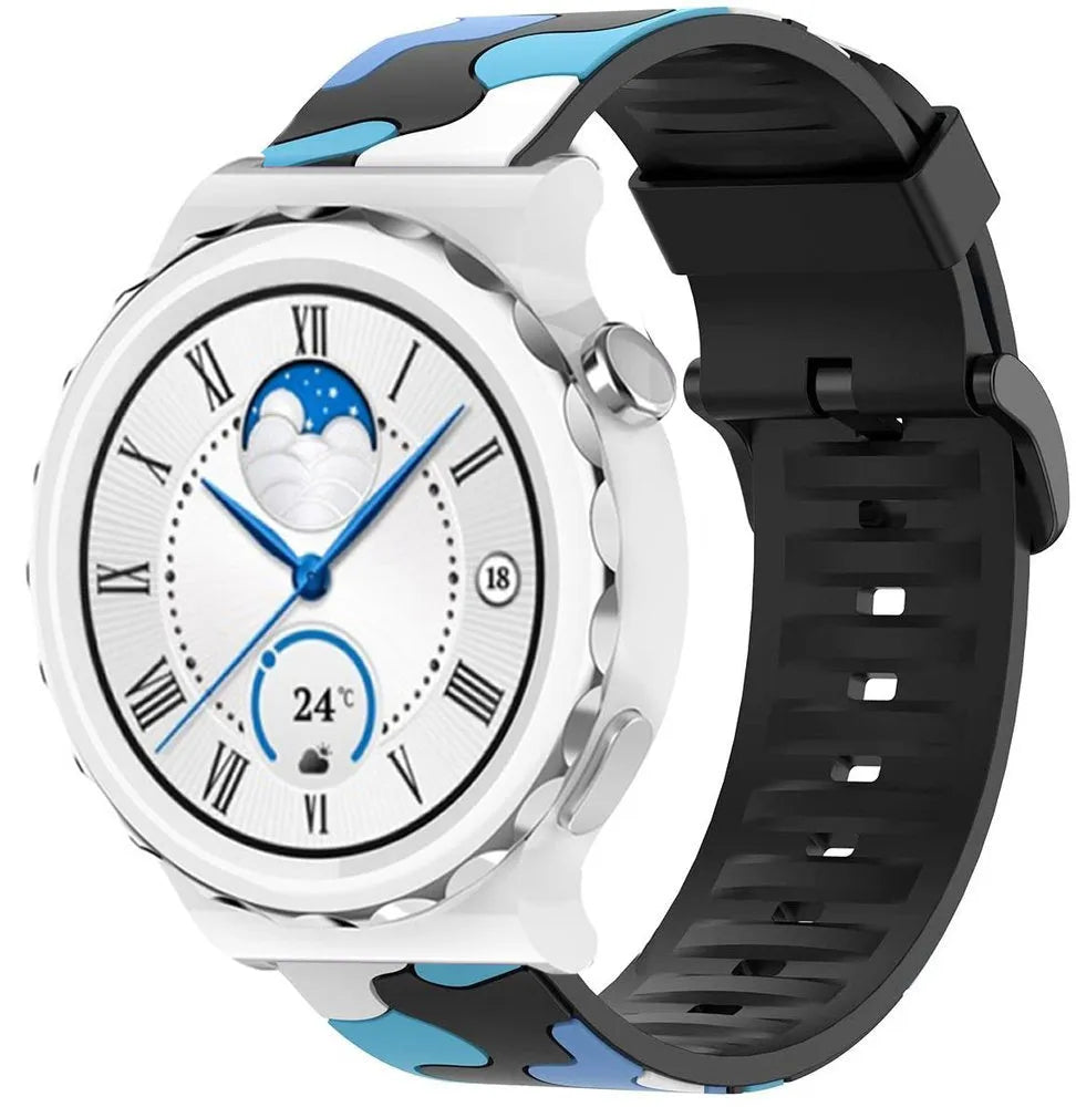 Silicone Camo Strap, blue, on a watch, 3/4 front view