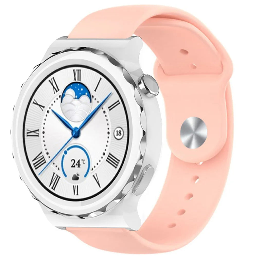 Silicone Sport Strap, pink, on a watch, 3/4 front view