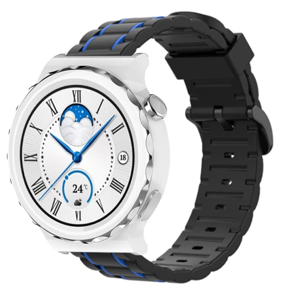 Silicone Strap 'Tough', black/blue, on a watch, 3/4 front view