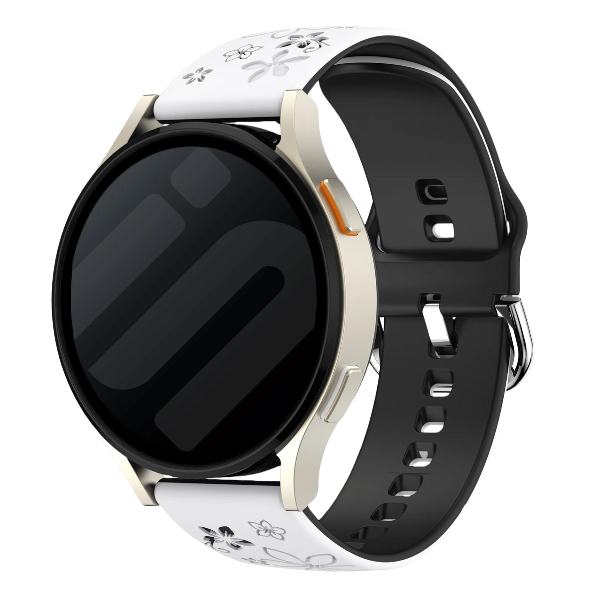 Flower Silicone Strap, white/black, on a watch, 3/4 front view