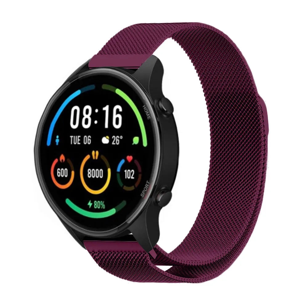 Milanese Strap, purple, on a watch, 3/4 front view