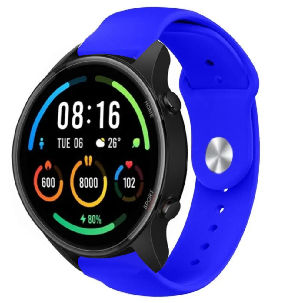 Silicone Sport Strap, blue, on a watch, 3/4 front view