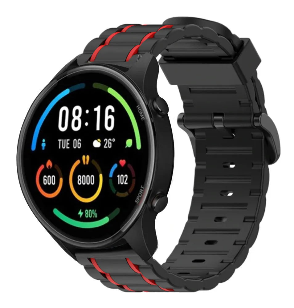 Silicone Sport Strap with Buckle, black/red, on a watch, 3/4 front view