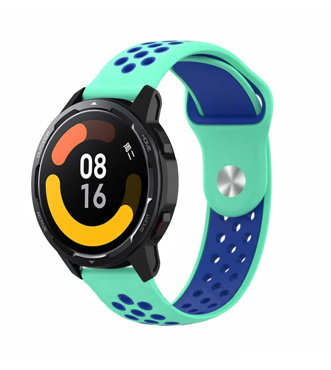 Silicone Sport Strap, aqua/blue, on a watch, 3/4 front view