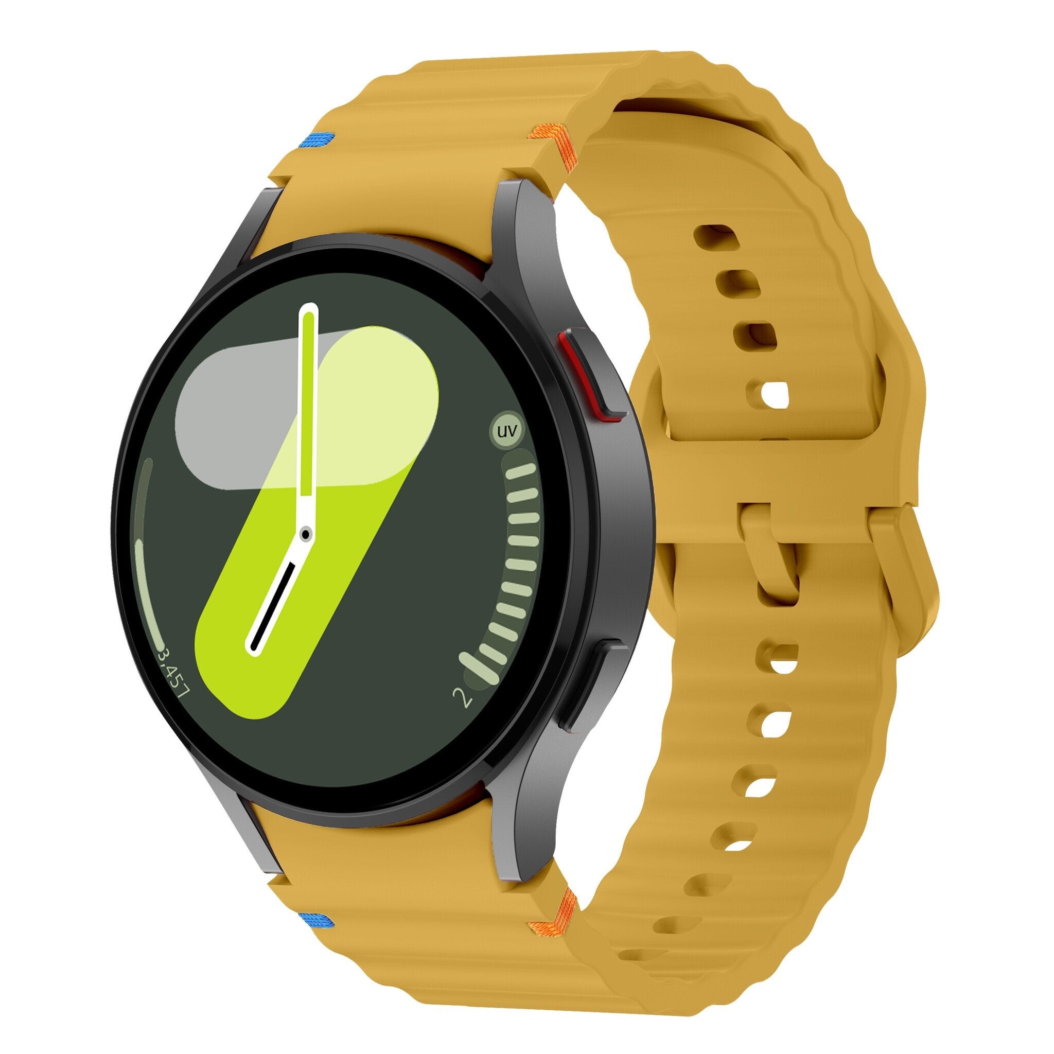 Wave Silicone Strap, yellow, on a watch, 3/4 front view